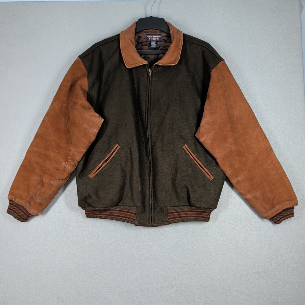 Roundtree & Yorke Jacket Mens XL Green Wool Leather Bomber Varsity USA Made